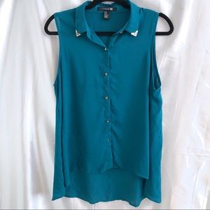 FOREVER 21 Turquoise Blue Gold Tip Collar Tank Top